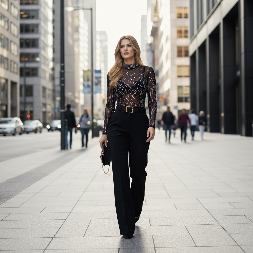 Stardust Rhinestone Mesh Bodysuit – Black High-Neck Evening Top