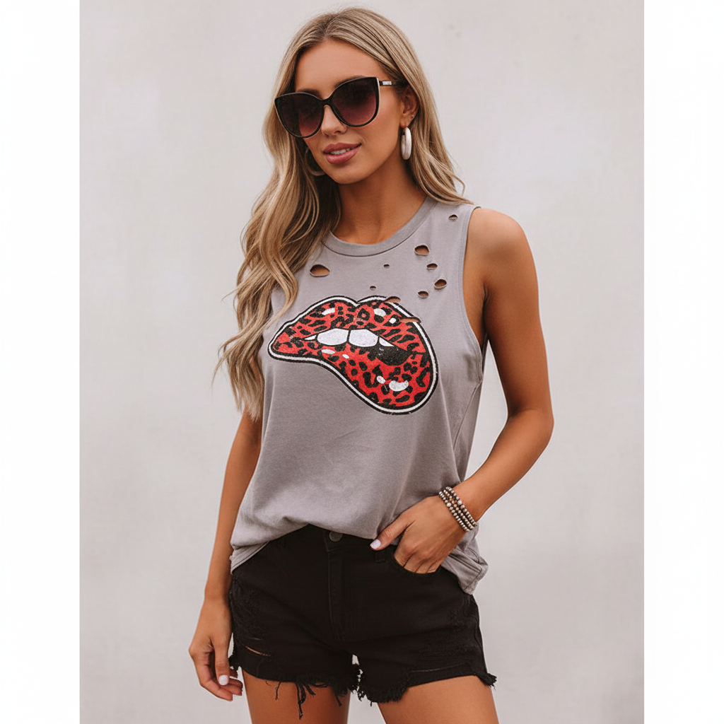 Wild Lips Distressed Muscle Tank | Maison De Glow