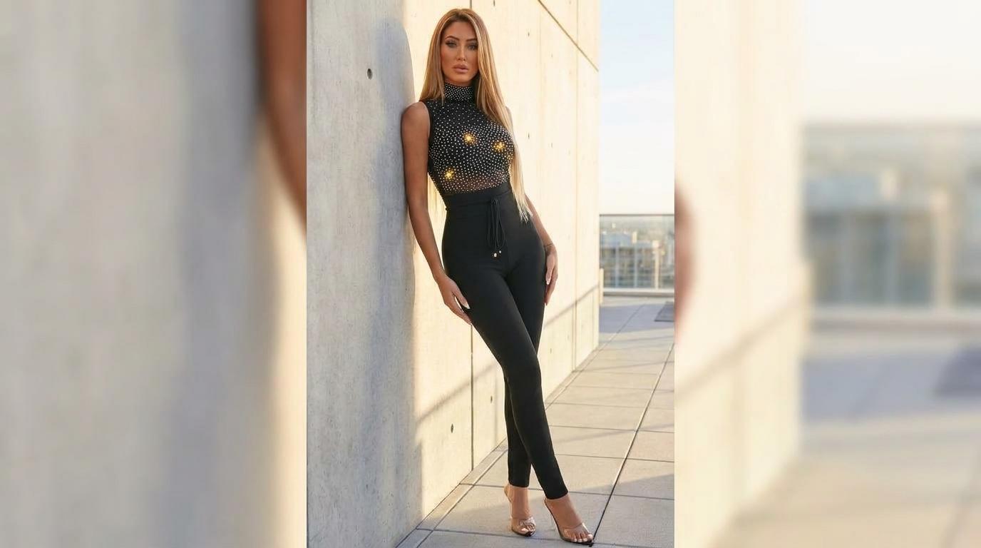 Midnight Galaxy Geometric Rhinestone Bodysuit – Sheer Long Sleeve Top