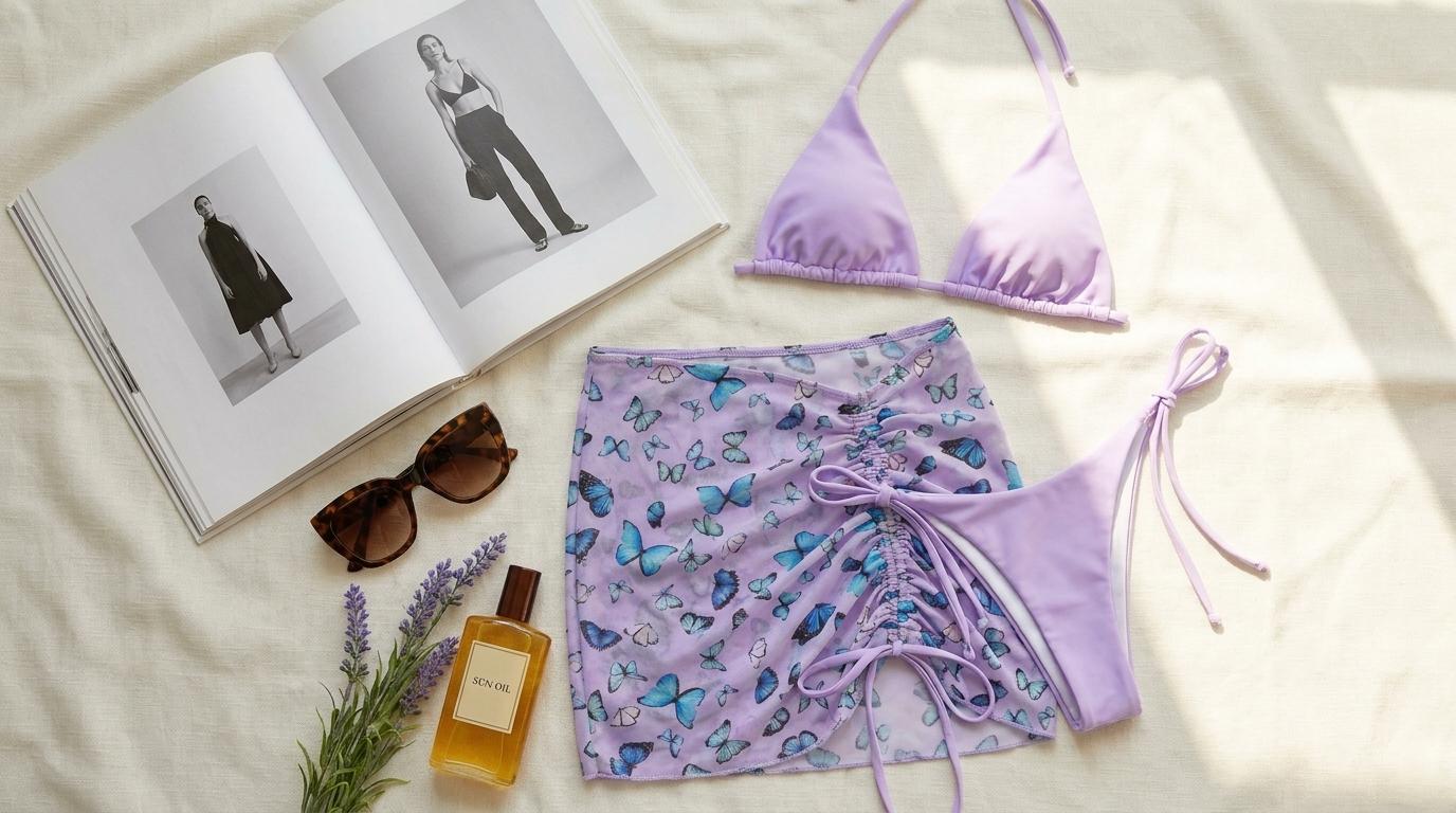 Lilac Butterfly 3-Piece Swim Set – Triangle Bikini & Ruched Mesh Sarong