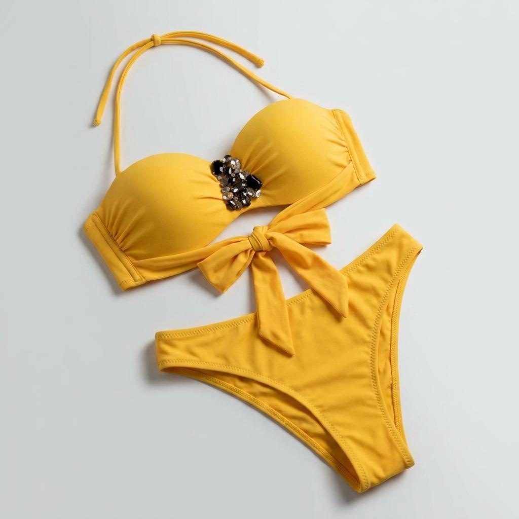 Riviera Coral Jeweled Bandeau – Elegant Tie-Front Two-Piece
