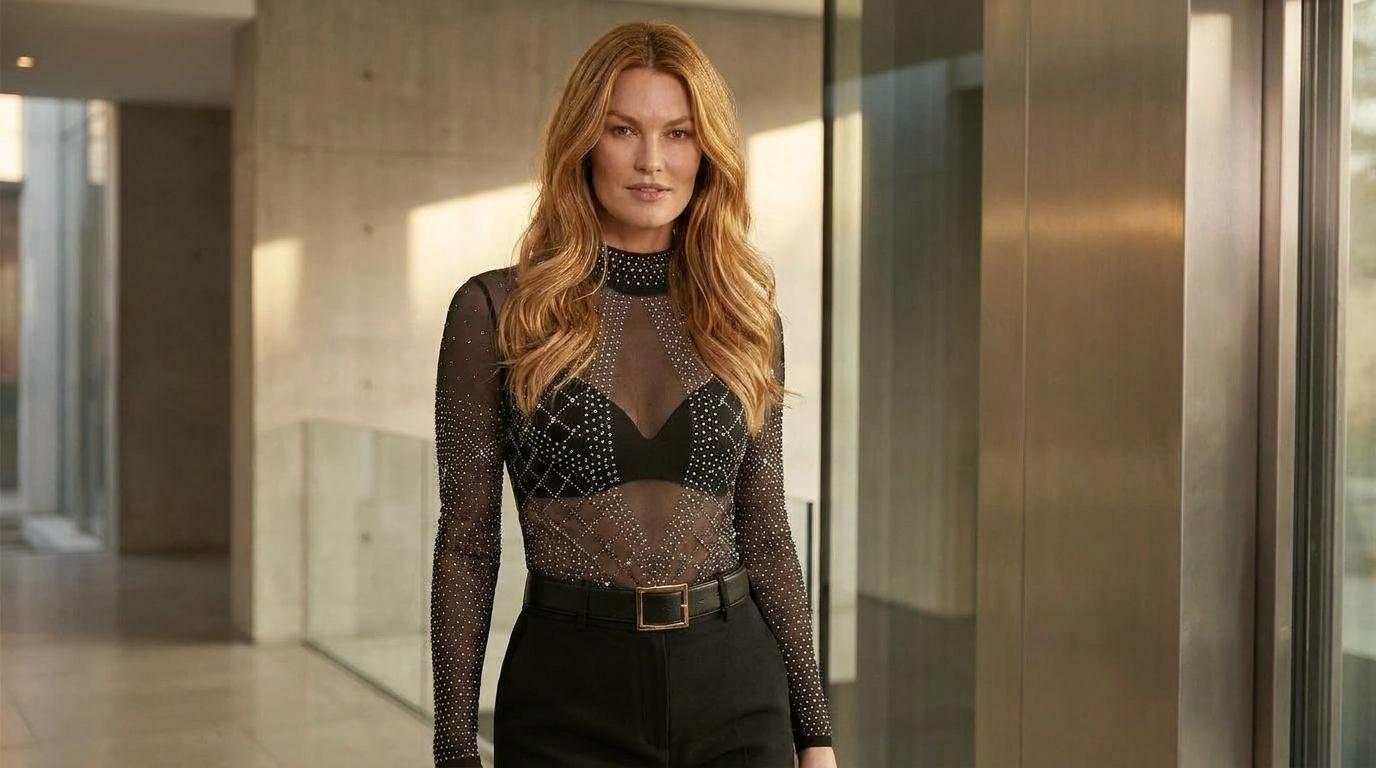 Midnight Galaxy Geometric Rhinestone Bodysuit – Sheer Long Sleeve Top