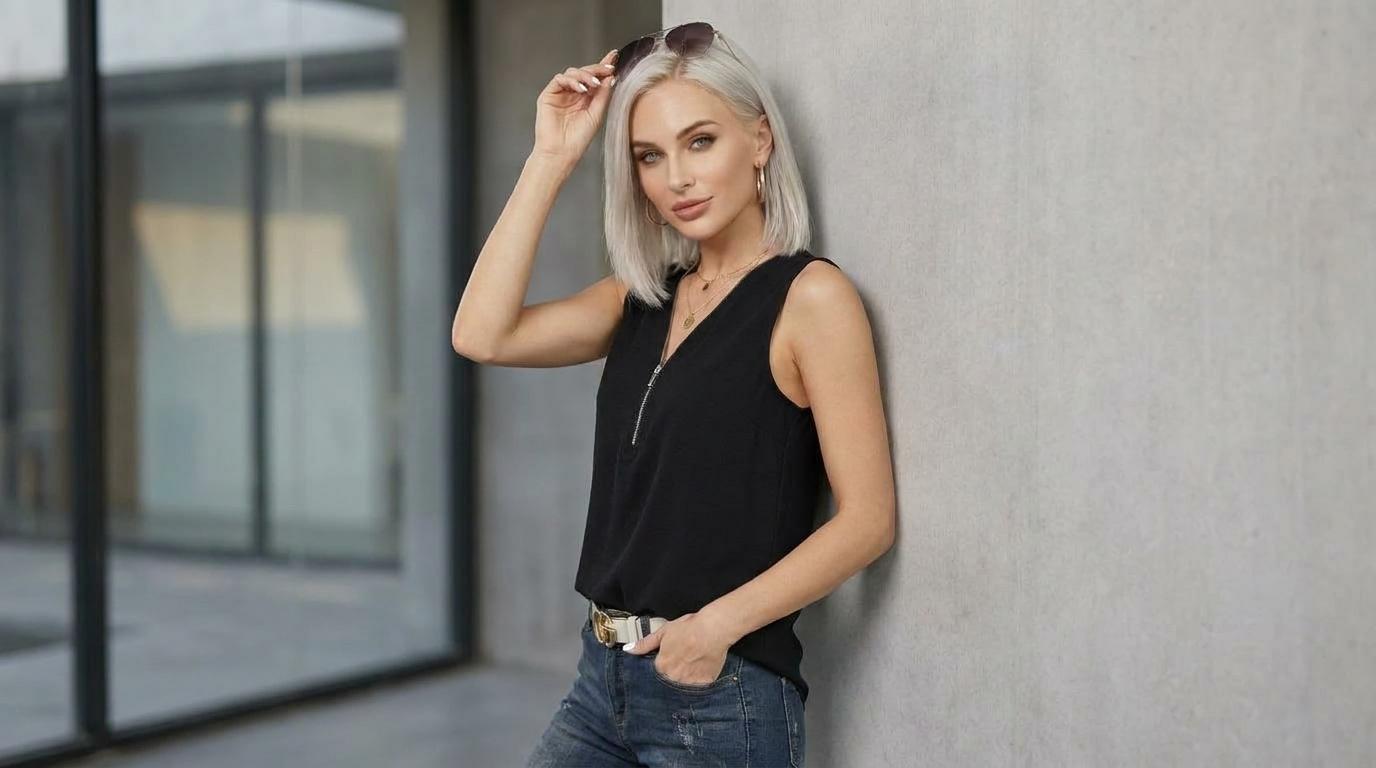 Sierra Zip-Front Shell – Midnight Black Sleeveless Blouse