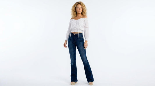 The Sierra High-Rise Dark Wash Flare Jeans | Maison De Glow
