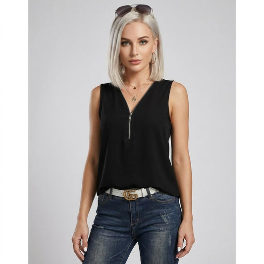 Sierra Zip-Front Shell – Midnight Black Sleeveless Blouse