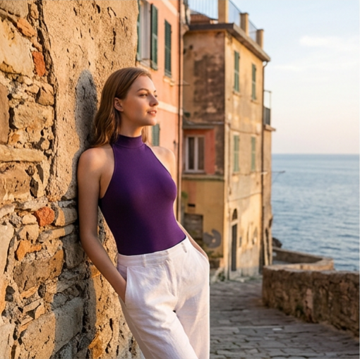 High-Neck Sleeveless Bodysuit - Deep Purple | Sleek &amp; Versatile Basic